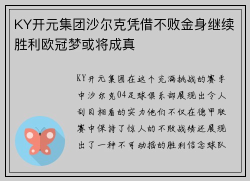 KY开元集团沙尔克凭借不败金身继续胜利欧冠梦或将成真